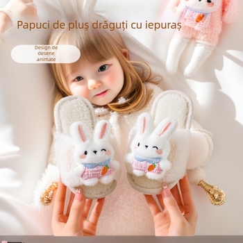 Papuci pentru copii din bumbac, cu partea superioară plușată, căptușeală fleece, imprimeu desen animat, talpă PVC antiderapant, pentru interior și exterior