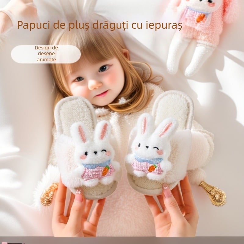 Papuci pentru copii din bumbac, cu partea superioară plușată, căptușeală fleece, imprimeu desen animat, talpă PVC antiderapant, pentru interior și exterior