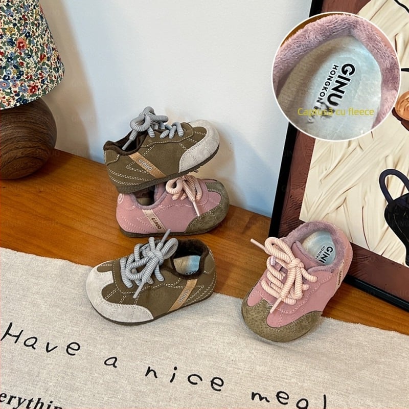 Pantofi sport pentru copii, unisex, închidere Velcro, partea superioară din piele porcină split, talpă din cauciuc, design îngroșat