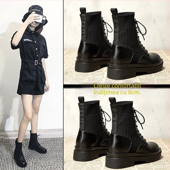 Cizme Martin pentru femei cu toc înclinat, 6–8 cm, lungime până la gambe, piele sintetică, talpă din latex