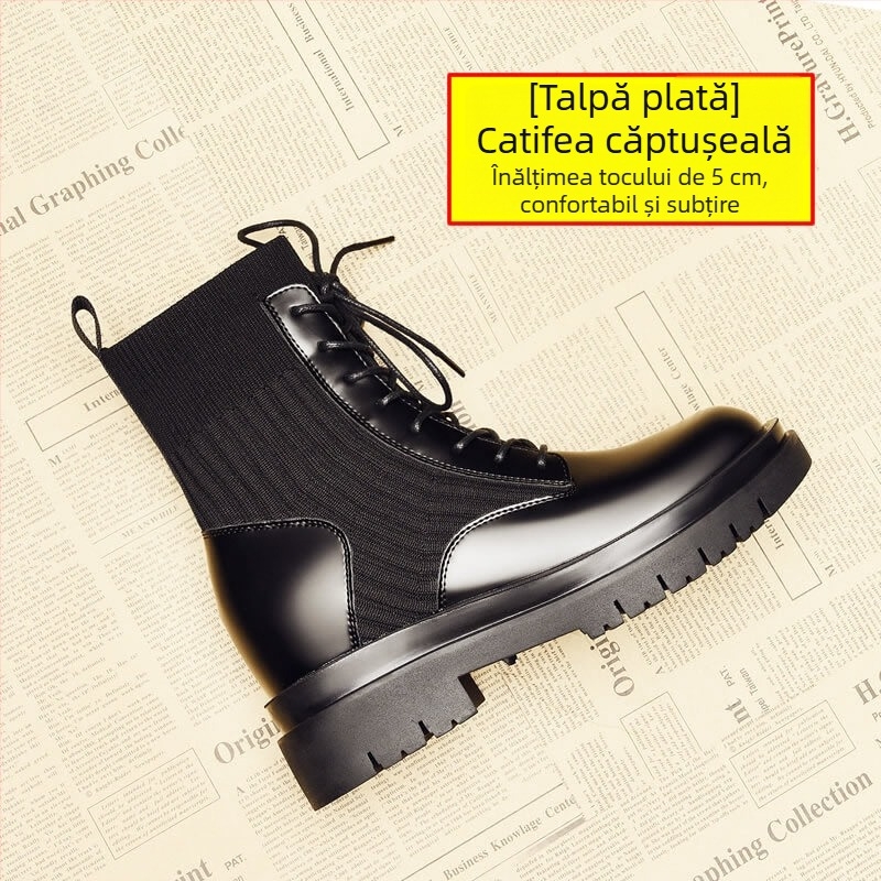 Cizme Martin pentru femei cu toc înclinat, 6–8 cm, lungime până la gambe, piele sintetică, talpă din latex