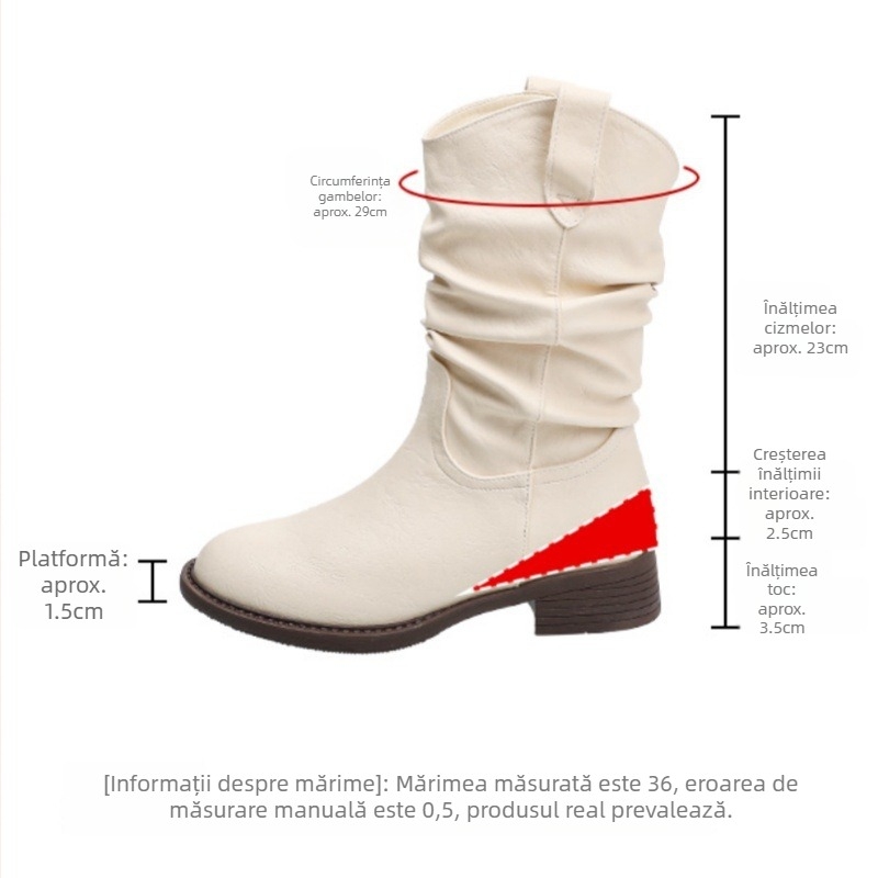 Cizme Martin pentru femei – până la mijlocul gambei, design cu pliuri în straturi, ridicare internă, toc gros 3–5 cm, partea superioară din piele sintetică