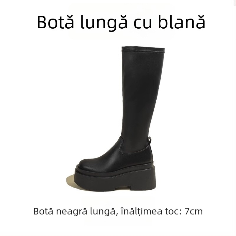 Ghete de damă peste genunchi, siluetă extensibilă, talpă PU, toc gros de 6–8 cm, închidere cu șnur frontal, impermeabile