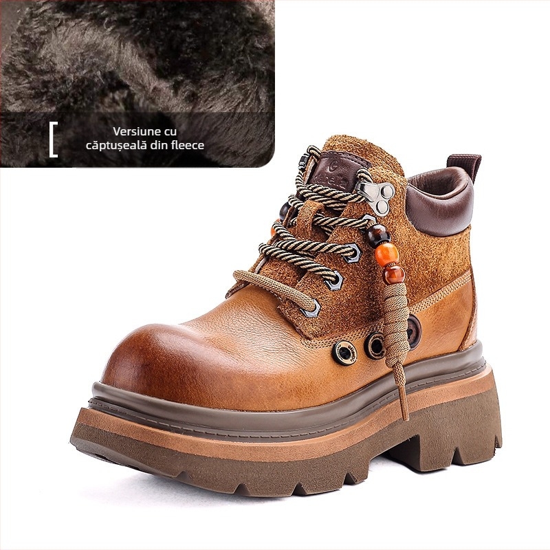 Cizme Martin pentru femei, din piele de vită de primă clasă, stil retro, creștere a înălțimii, vârf rotund, toc gros