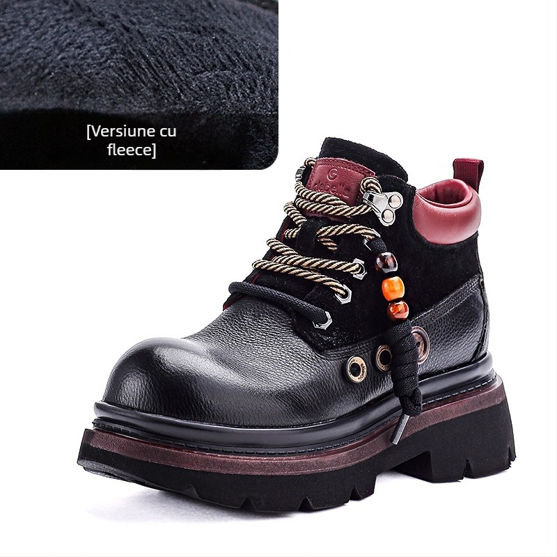 Cizme Martin pentru femei, din piele de vită de primă clasă, stil retro, creștere a înălțimii, vârf rotund, toc gros