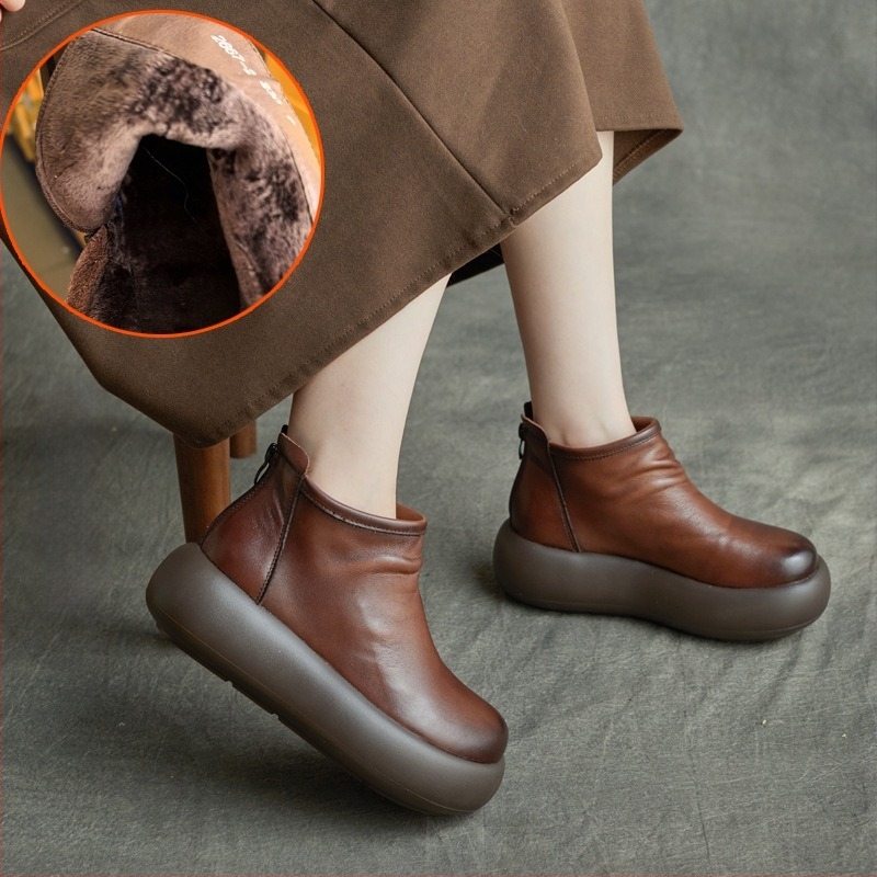 Botine scurte din piele naturală pentru femei, vârf rotund, platformă cu talpă 3-5 cm, închidere pe spate cu fermoar, talpă din spumă