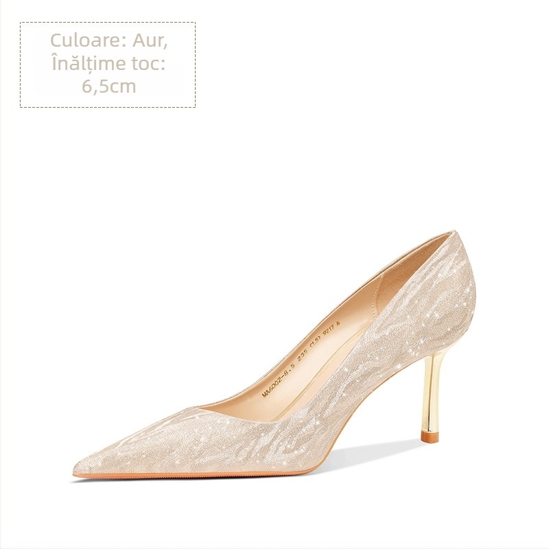 Pantofi dama cu toc înalt, vârf ascuțit, Glitter vamp, toc stiletto 6–8 cm, talpă din cauciuc