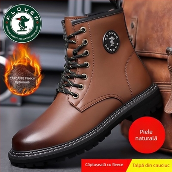 Ghete Martin pentru bărbați din piele split, talpă din cauciuc, căptușeală fleece/velur, fermoar lateral, model de iarnă