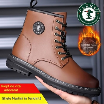Ghete Martin pentru bărbați din piele split, talpă din cauciuc, căptușeală fleece/velur, fermoar lateral, model de iarnă