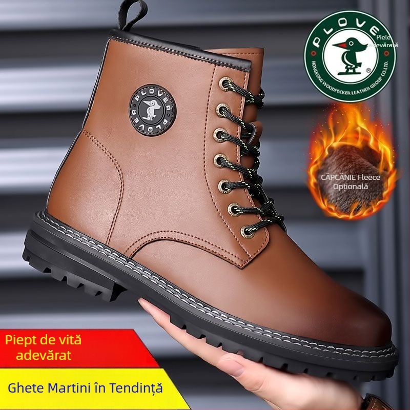 Ghete Martin pentru bărbați din piele split, talpă din cauciuc, căptușeală fleece/velur, fermoar lateral, model de iarnă