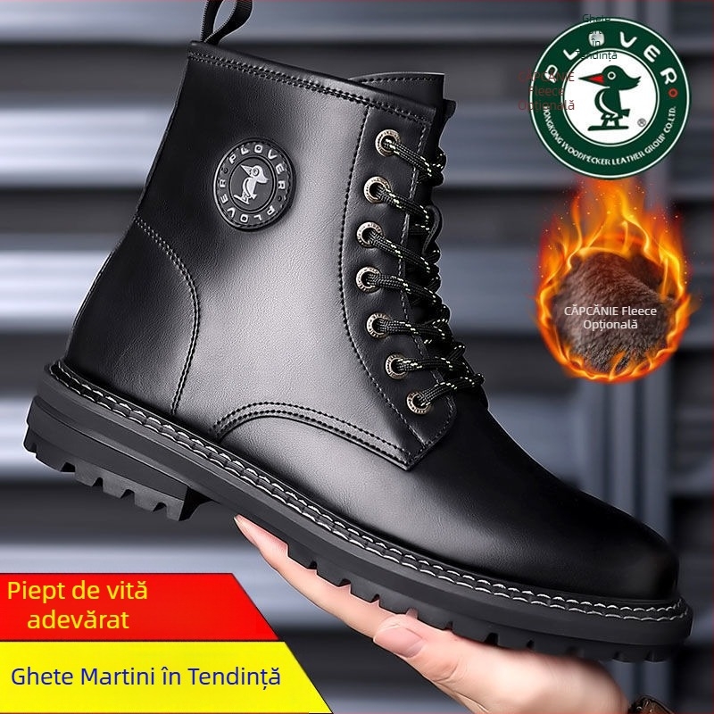 Ghete Martin pentru bărbați din piele split, talpă din cauciuc, căptușeală fleece/velur, fermoar lateral, model de iarnă