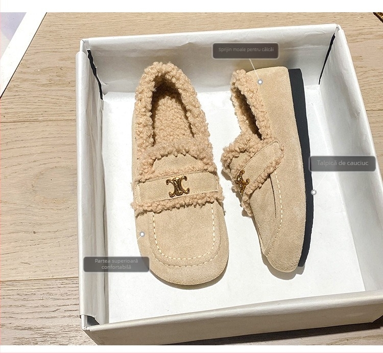Pantofi slip-on femei pluș pentru iarnă, toc redus 1–3 cm, vârf rotund, branț din lână de oaie, talpă din tendon de vită