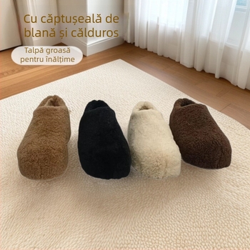 Loafers de iarnă pentru femei, din lână artificială de miel, căptușeală din pluș scurt sintetic, talpă din cauciuc, toc înalt 6-8 cm