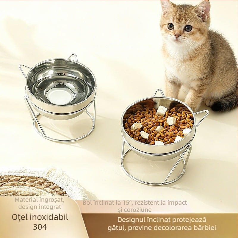 Vas de apă pentru pisici din oțel inoxidabil 304, design înălțat, protecție a gâtului, anti-țânțari