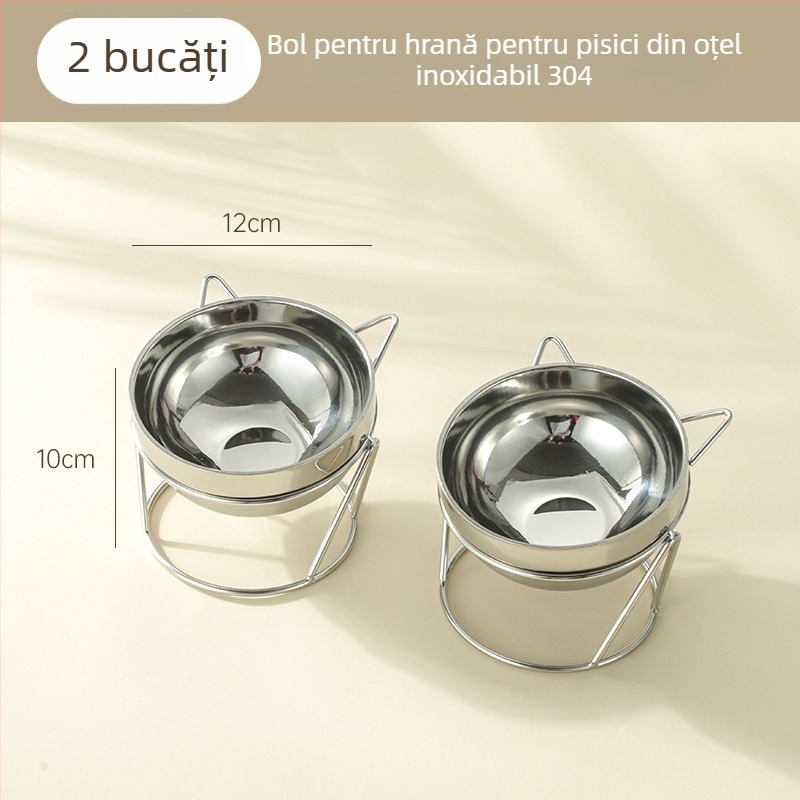 Vas de apă pentru pisici din oțel inoxidabil 304, design înălțat, protecție a gâtului, anti-țânțari