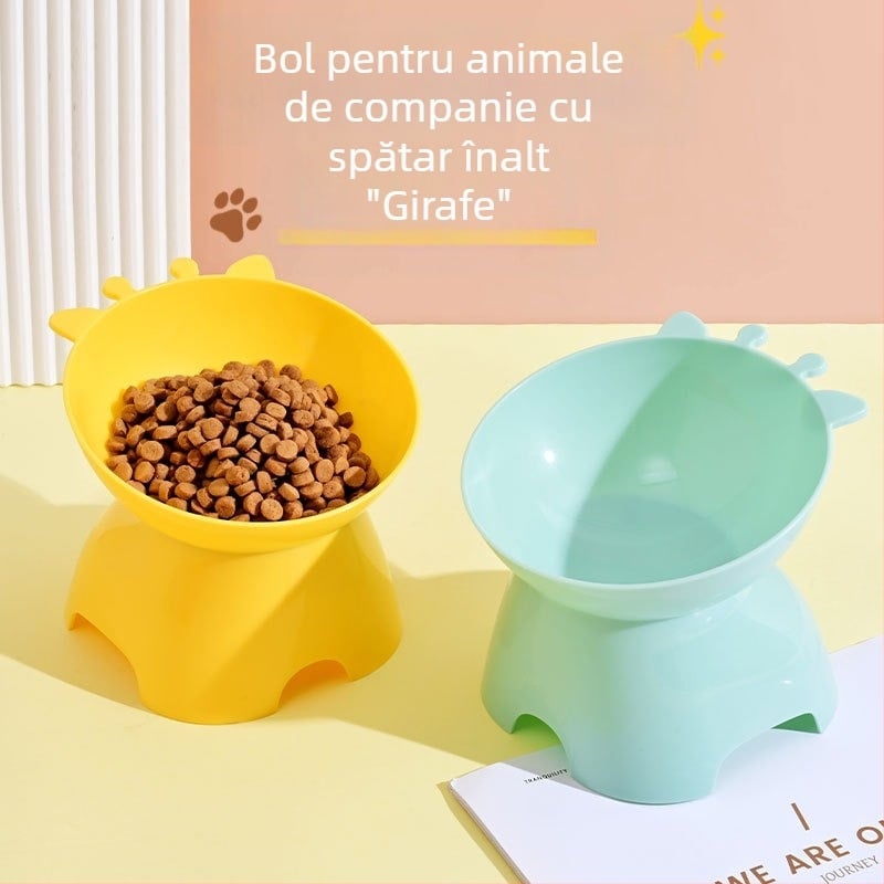 Bol nou pentru pisici, culoare dopamină, înălțime girafă, margine înclinată și protecție a gâtului, bol anti-rasturnare pentru animale de companie