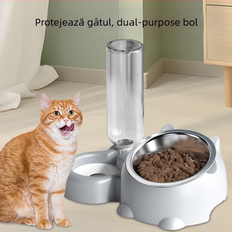 Castron din oțel inoxidabil pentru apă și hrană pentru pisici, cu gură înclinată și protecție a gâtului, set de alimentare automată, Spanish Creek