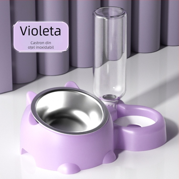 Castron din oțel inoxidabil pentru apă și hrană pentru pisici, cu gură înclinată și protecție a gâtului, set de alimentare automată, Spanish Creek