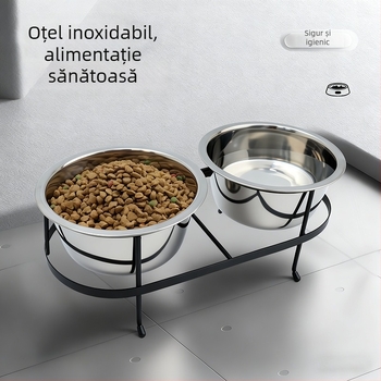 Bol din oțel inoxidabil, unic corp cu mai multe compartimente, pentru apă și hrană la pisici și câini, înălțat, anti-derapare
