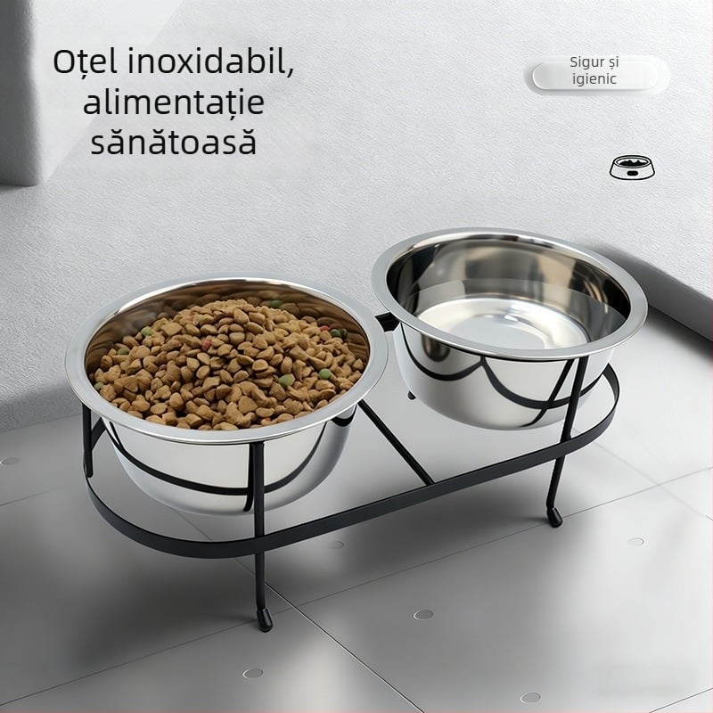 Bol din oțel inoxidabil, unic corp cu mai multe compartimente, pentru apă și hrană la pisici și câini, înălțat, anti-derapare