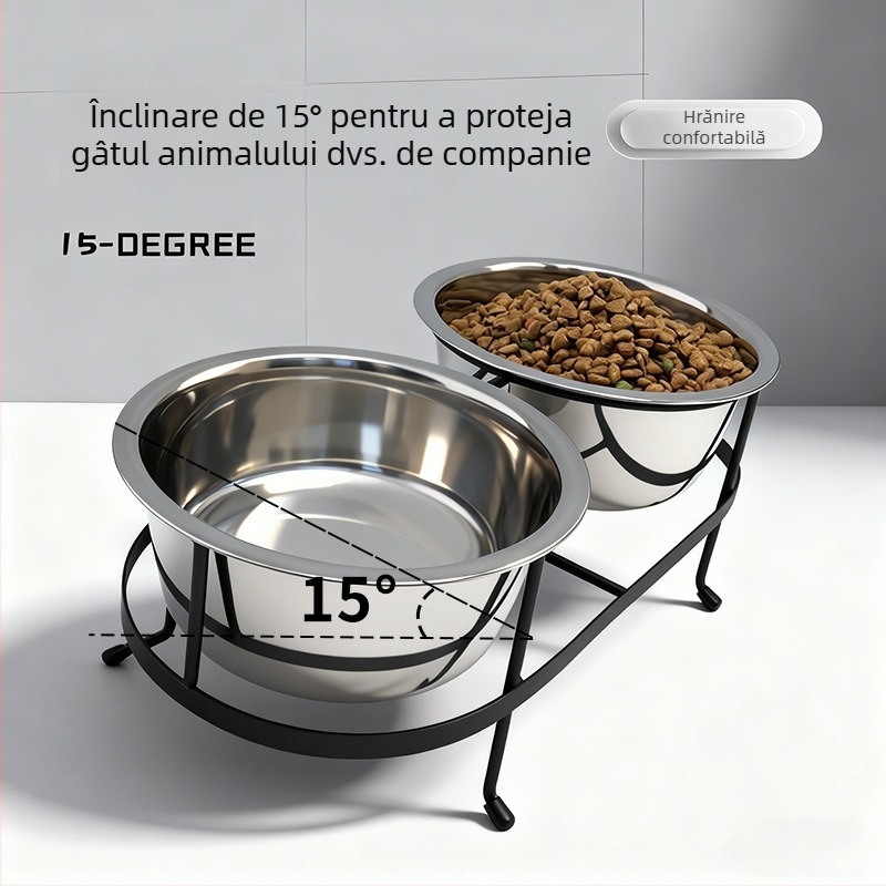 Bol din oțel inoxidabil, unic corp cu mai multe compartimente, pentru apă și hrană la pisici și câini, înălțat, anti-derapare
