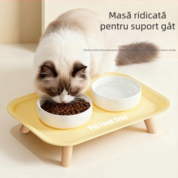 Vas ceramic pentru pisică, cu picioare înalte, două compartimente pentru hrană și apă; anti-alunecare și anti-vărsare.