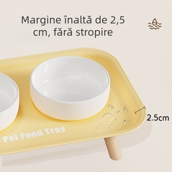 Vas ceramic pentru pisică, cu picioare înalte, două compartimente pentru hrană și apă; anti-alunecare și anti-vărsare.