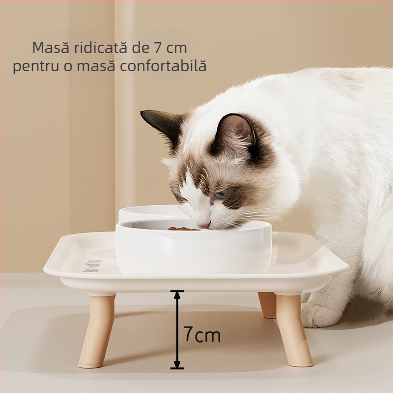 Vas ceramic pentru pisică, cu picioare înalte, două compartimente pentru hrană și apă; anti-alunecare și anti-vărsare.
