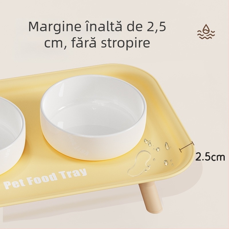 Vas ceramic pentru pisică, cu picioare înalte, două compartimente pentru hrană și apă; anti-alunecare și anti-vărsare.