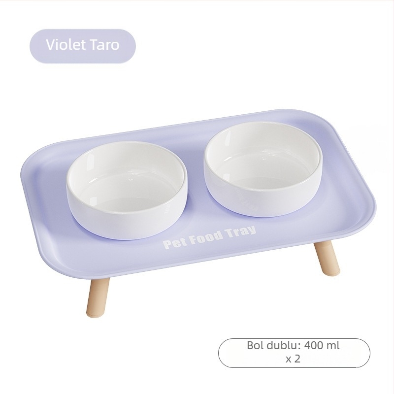 Vas ceramic pentru pisică, cu picioare înalte, două compartimente pentru hrană și apă; anti-alunecare și anti-vărsare.
