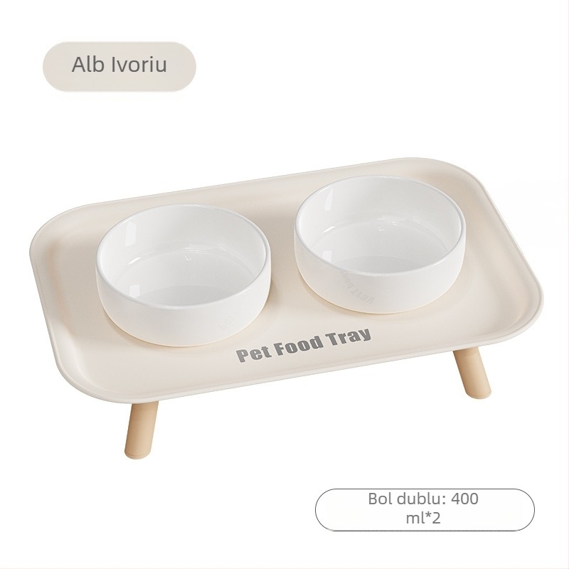 Vas ceramic pentru pisică, cu picioare înalte, două compartimente pentru hrană și apă; anti-alunecare și anti-vărsare.