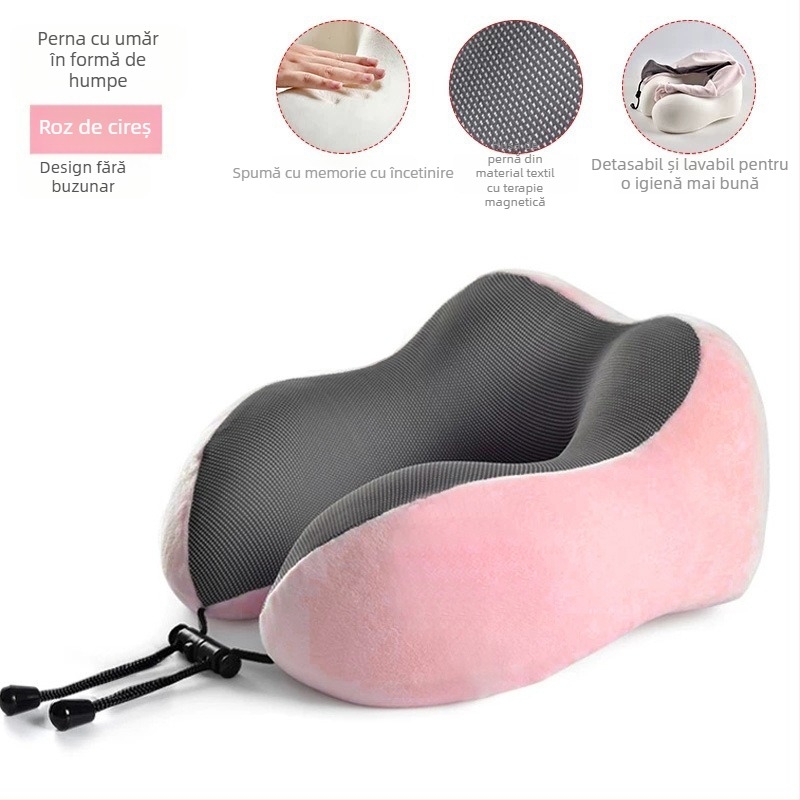 Pernă de gât în formă de U, cu spumă memory, pentru călătorii, țesătură Crystal Velvet, greutate sub 0,5 kg