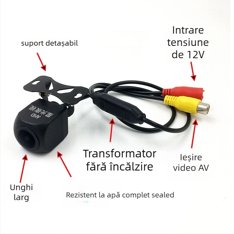 Cameră de mers înapoi AHD Starlight pentru vehicule 12V, 720P, unghi reglabil sus-jos, semnal AV