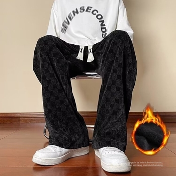 Pantaloni straight corduroy pentru bărbați — Model pătrățel în carouri, talie medie, căptușiți cu fleece, țesătură din bumbac amestecat