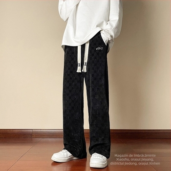 Pantaloni straight corduroy pentru bărbați — Model pătrățel în carouri, talie medie, căptușiți cu fleece, țesătură din bumbac amestecat