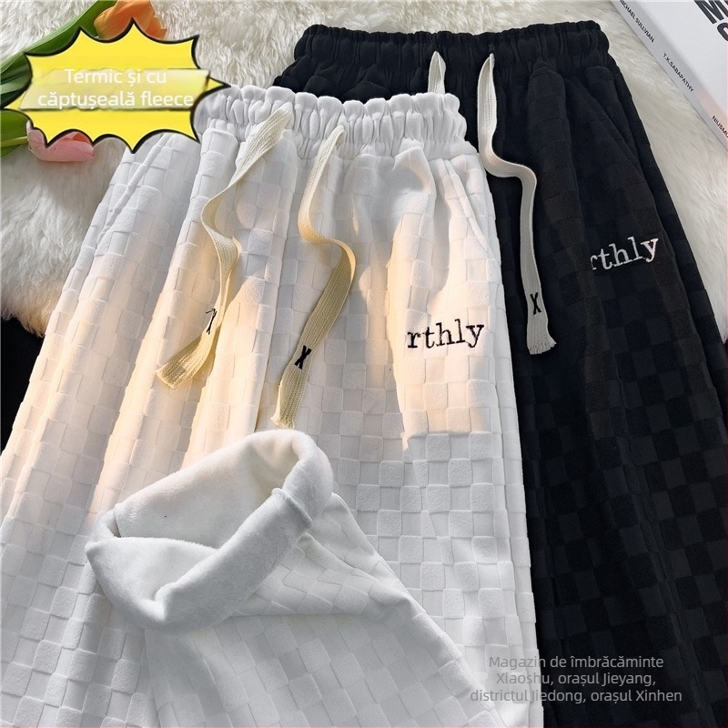 Pantaloni straight corduroy pentru bărbați — Model pătrățel în carouri, talie medie, căptușiți cu fleece, țesătură din bumbac amestecat