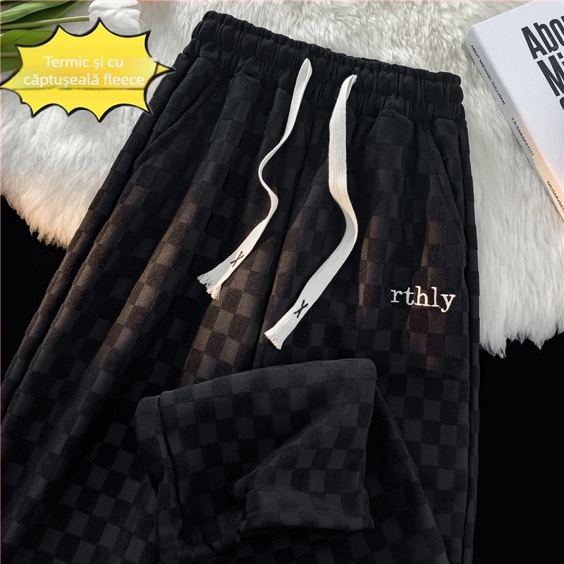 Pantaloni straight corduroy pentru bărbați — Model pătrățel în carouri, talie medie, căptușiți cu fleece, țesătură din bumbac amestecat