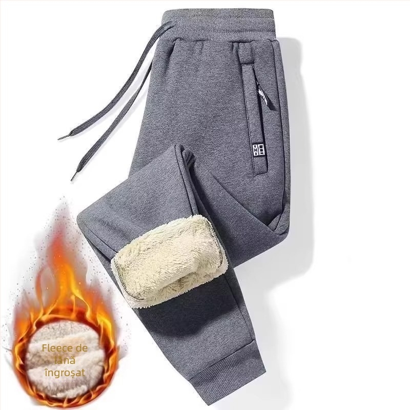 Pantaloni bărbați căptușiți cu fleece, croială dreaptă, talie înaltă, curea, amestec de fibre sintetice