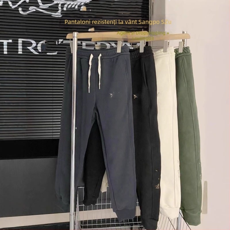 Pantaloni trening impermeabili la vânt, cu căptușeală fleece, croială lejeră, talie medie, material din amestec de bumbac