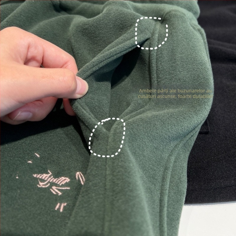 Pantaloni trening impermeabili la vânt, cu căptușeală fleece, croială lejeră, talie medie, material din amestec de bumbac