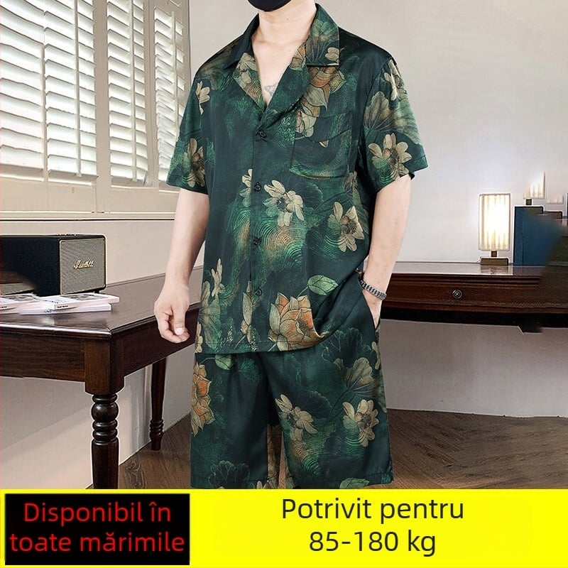 Set de pijamale pentru bărbați, plus size, vară, mâneci scurte, material ultra-subțire, stil chinezesc nou, ținute de casă.