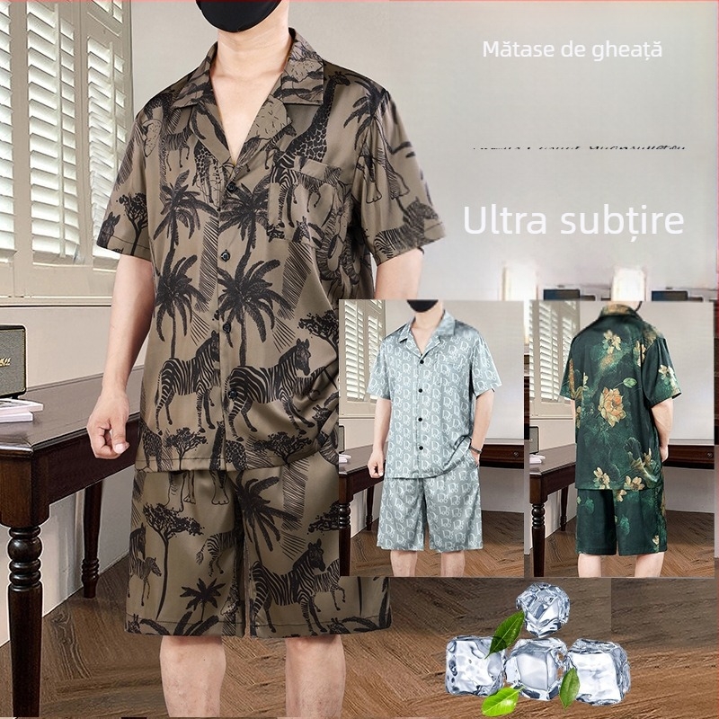 Set de pijamale pentru bărbați, plus size, vară, mâneci scurte, material ultra-subțire, stil chinezesc nou, ținute de casă.