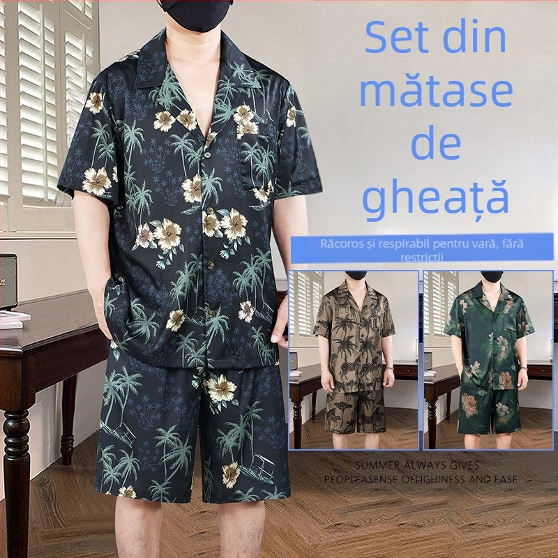 Set de pijamale pentru bărbați, plus size, vară, mâneci scurte, material ultra-subțire, stil chinezesc nou, ținute de casă.
