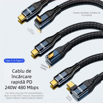 Cablu PD240W Type-C către Type-C cu cip, pentru încărcare laptop, cu două capete, lungimi 0,5–3 m