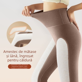 Pantaloni termici pentru femei cu protecție la genunchi, dublu strat, poliester, culoare solidă, mențin căldura