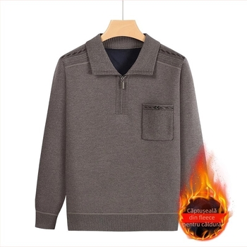 Pulover tricotat de iarnă pentru bărbați, căptușit cu fleece, gros și cald, tricot acrilic, croială lejeră, buzunar
