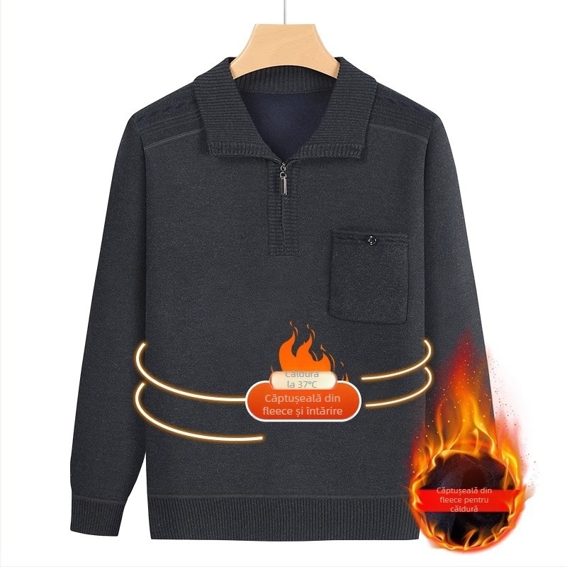 Pulover tricotat de iarnă pentru bărbați, căptușit cu fleece, gros și cald, tricot acrilic, croială lejeră, buzunar