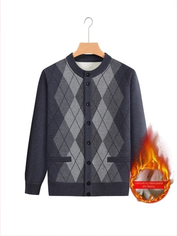 Jachetă tricotată căptușită cu fleece pentru vârstnici, material amestec lână, 100% poliester, iarna 2024