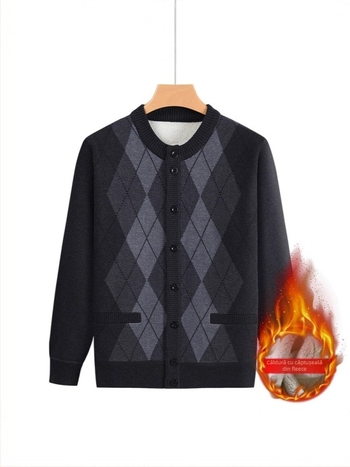 Jachetă tricotată căptușită cu fleece pentru vârstnici, material amestec lână, 100% poliester, iarna 2024