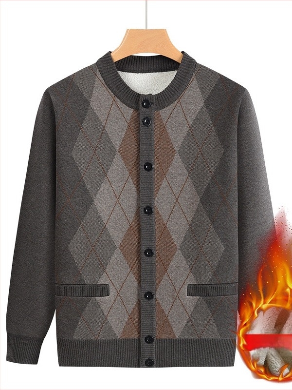 Jachetă tricotată căptușită cu fleece pentru vârstnici, material amestec lână, 100% poliester, iarna 2024